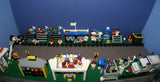 UNIQUE HUGE CUSTOM LEGO SET (1032 PCS): 41 MINIFIGURES (YEAR 1978 & ON), RACE TRACK, FINISH LINE, MULTIPLE BLEACHERS, 6 CARS, SNACK BAR, HELMET SHOP, GAS PUMP, AMBULANCE, REPORTERS, HOT DOG CART, MULTIPLE ACCESSORIES ETC... (KIT 10) 32" X 12"