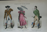 SOLD ANTIQUE RARE FRENCH BOOK 112 COLORED ENGRAVINGS LITHOGRAPHS (11” x 7 ½”) + 1 MAP (24” X 20”) FROM 1880 (19th Century) from “Costumes De Paris a Travers Les Siecles” HUMOROUS SIGNED PLATES FRANCE WAYS OF LIFE,  STYLES, PROFESSIONS, VEHICLES