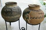 CHOICE OF 1 OR GET BOTH: 1980's Hand Crafted  Vermasse Terracotta Pottery, Pots from East Timor Islands, Indonesia with 3D / Relief Motifs. CHOICE OF: (P18) Lizards 8" x 8" (28" Diameter) AND/OR (P23) Ancestors & Geckos 8.5" x 8" (25" Diameter)