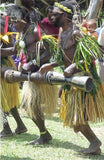 Rare One of a Kind Bigman Tribal Older Wood Kundu Hourglass Hand Held Drum, Hand Carved Percussion Instrument with Dried Palm Tassels decorations, original monitor skin, Huon Gulf, Eastern New Guinea 1980's, Melanesia 42A6