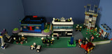 UNIQUE CUSTOM LEGO SET WITH 1905 PCS, 24 MINIFIGURES, 4 BUILDINGS: GRINGOTTS GOURMET CAFÉ WITH OUTDOOR TABLES & UMBRELLAS, CITY BANK, STORAGE BLD, PUBLIC BATHROOM, FIRE BRIGADE, TRUCKS, PLAYGROUND, GARDENS, MOTOCYCLES ETC (KIT 22)