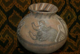 Rare 1980's Vintage Collectible Primitive Hand Crafted Vermasse Terracotta Pottery, Vessel from East Timor Island, Indonesia: 3D Raised Relief Decorative Geometric Motifs colored with natural earthtone Pigments 9.5" x 7.5" (26" Diameter) P27