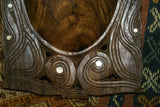 2 LARGE STUNNING HAND CARVED ROSEWOOD MUSEUM MASTERPIECES SAGO PLATTER DISH BOWLS WITH MOTHER OF PEARL INSERTS & DELICATELY INCISED LACY BORDERS BY RENOWNED TRIBAL SCULPTOR TROBRIAND ISLANDS MELANESIA SOUTH PACIFIC COLLECTOR DESIGN 2A89 & 2A27.
