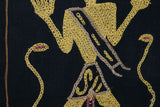 Rare old ceremonial hand spun hand woven black hemp textile loin cloth, Protective royal ancestor motif guarded by marine animals, Embroidery is hand twisted bark rope fiber twine. Melolo Village Sumba Indonesia (RE2) 35" x 13.5"