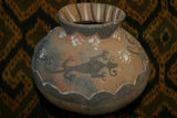 Rare 1980's Vintage Collectible Primitive Hand Crafted Vermasse Terracotta Pottery, Vessel from East Timor Island, Indonesia: Raised Relief Decorative Motifs of man & gecko colored with natural earthtone Pigments 7" x 9" (25.5" Diameter) P20