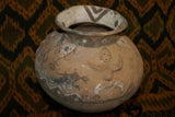 Rare 1980's Vintage Collectible Primitive Hand Crafted Vermasse Terracotta Pottery, Vessel from East Timor Island, Indonesia: 3D Raised Relief Decorative Geometric & Ancestor Motifs, colored with natural earthtone pigments 7" x 9" (26" Diameter) P9