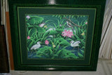 30”x 25” MASTERPIECE DETAILED COLORFUL  BALINESE PAINTING ON CANVAS RENOWN UBUD ARTIST RAINFOREST PARADISE FOLIAGE POND LOTUS EGRET HERON BIRD FRAMED IN SIGNED CUSTOM FRAME HAND PAINTED TO MATCH  ARTWORK DFBB6 DECORATOR DESIGNER ART COLLECTOR HOME DÉCOR