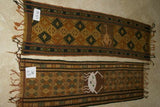 Hand woven Sumba Hinggi Songket Ikat Textile (49" x 13") Made from Hand spun Cotton, Dyed with Natural Pigments. INTRICATE GEOMETRIC DESIGNS  Adorned with Crab MOTIF Created with Nassa Shells (49" x 13") SR43 RUST RED GOLDS GREENS