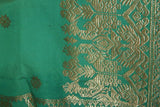 Old Embroidery Damask Brocade woman Sari Wedding Songket Sarong Textile. Emerald Green with Metallic Gold Threads 62" x 39" (SG43) belonging to Nobility royalty Hand woven with Handspun Silk from Karangasem, Sideman