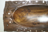 2 LARGE STUNNING HAND CARVED ROSEWOOD MUSEUM MASTERPIECES SAGO PLATTER DISH BOWLS WITH MOTHER OF PEARL INSERTS & DELICATELY INCISED LACY BORDERS BY RENOWNED TRIBAL SCULPTOR TROBRIAND ISLANDS MELANESIA SOUTH PACIFIC COLLECTOR DESIGN 2A89 & 2A27.