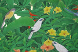GIGANTIC 38”x 26” ORIGINAL DETAILED COLORFUL  BALINESE PAINTING ON CANVAS BY RENOWN UBUD ARTIST TROPICAL RAINFOREST WITH FOLIAGE STARLINGS BIRD OF PARADISE FLOWERS HIBISCUS FRAMED IN HAND PAINTED CUSTOM FRAME DFBB17 UNIQUE DESIGNER COLLECTOR MASTERPIECE