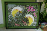 GIGANTIC 34.5”x 29” ORIGINAL DETAILED COLORFUL  BALINESE PAINTING ON CANVAS BY RENOWN UBUD ARTIST RAINFOREST PARADISE WITH FOLIAGE ORCHID FLOWERS BIRDS OF PARADISE FRAMED IN CUSTOM MATS & FRAME HAND PAINTED TO MATCH DFBB7 DESIGNER COLLECTOR MASTERPIECE