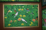 GIGANTIC 38”x 26” ORIGINAL DETAILED COLORFUL  BALINESE PAINTING ON CANVAS BY RENOWN UBUD ARTIST TROPICAL RAINFOREST WITH FOLIAGE STARLINGS BIRD OF PARADISE FLOWERS HIBISCUS FRAMED IN HAND PAINTED CUSTOM FRAME DFBB17 UNIQUE DESIGNER COLLECTOR MASTERPIECE