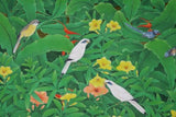 GIGANTIC 38”x 26” ORIGINAL DETAILED COLORFUL  BALINESE PAINTING ON CANVAS BY RENOWN UBUD ARTIST TROPICAL RAINFOREST WITH FOLIAGE STARLINGS BIRD OF PARADISE FLOWERS HIBISCUS FRAMED IN HAND PAINTED CUSTOM FRAME DFBB17 UNIQUE DESIGNER COLLECTOR MASTERPIECE