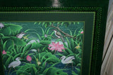 30”x 25” MASTERPIECE DETAILED COLORFUL  BALINESE PAINTING ON CANVAS RENOWN UBUD ARTIST RAINFOREST PARADISE FOLIAGE POND LOTUS EGRET HERON BIRD FRAMED IN SIGNED CUSTOM FRAME HAND PAINTED TO MATCH  ARTWORK DFBB6 DECORATOR DESIGNER ART COLLECTOR HOME DÉCOR