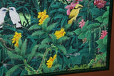 GIGANTIC 42”x 30”  ORIGINAL DETAILED COLORFUL  BALINESE PAINTING ON CANVAS SIGNED BY RENOWN UBUD ARTIST RAINFOREST PARADISE WITH FOLIAGE FLOWERS ALAMEDAS ORCHID STARLING BIRDS FRAMED IN SIGNED CUSTOM FRAME HAND PAINTED TO MATCH  ARTWORK DFBB5 DESIGNER ART