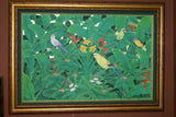 GIGANTIC 44”x 31” ORIGINAL DETAILED COLORFUL BALINESE PAINTING ON CANVAS BY RENOWN UBUD ARTIST RAINFOREST WITH FOLIAGE TROPICAL BIRDS PARROT BIRD OF PARADISE PLANTS HIBISCUS FRAMED IN HAND PAINTED CUSTOM FRAME DFBB9 DESIGNER ARTWORK MASTERPIECE WALL ART