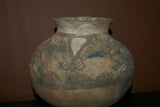 Rare 1980's Vintage Collectible Primitive Hand Crafted Vermasse Terracotta Pottery, Vessel from East Timor Island, Indonesia: 3D Raised Relief Decorative Geometric and ancestor Motifs colored with natural Pigments 9" x 8" (26" Diameter) P22