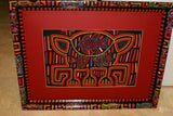 Kuna Indian Folk Art Mola Blouse Panel from San Blas Islands, Panama. Hand-stitched Reverse Applique:  Geometric Abstract Stylized Jumping Frog (Red, Orange & Black) Brain Coral Maze 16.75" x 12.25" (9B)
