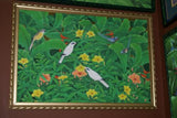GIGANTIC 38”x 26” ORIGINAL DETAILED COLORFUL  BALINESE PAINTING ON CANVAS BY RENOWN UBUD ARTIST TROPICAL RAINFOREST WITH FOLIAGE STARLINGS BIRD OF PARADISE FLOWERS HIBISCUS FRAMED IN HAND PAINTED CUSTOM FRAME DFBB17 UNIQUE DESIGNER COLLECTOR MASTERPIECE