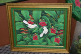 25”x 21” ORIGINAL MASTERPIECE COLORFUL  BALINESE PAINTING ON CANVAS RENOWN UBUD ARTIST RAINFOREST PARADISE WITH FOLIAGE HIBISCUS STARLING BIRDS FRAMED IN SIGNED CUSTOM FRAME HANDPAINTED TO MATCH ARTWORK DFBB1 DECORATOR DESIGNER ART COLLECTOR