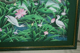 GIGANTIC 31”x 25” ORIGINAL DETAILED COLORFUL  BALINESE PAINTING ON CANVAS SIGNED BY RENOWN UBUD ARTIST RAINFOREST PARADISE WITH FOLIAGE POND LOTUS FLOWERS IBIS EGRET BIRDS FRAMED IN SIGNED CUSTOM FRAME HAND PAINTED TO MATCH  ARTWORK DFBB37 DESIGNER ART