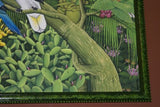 GIGANTIC 36”x 28” ORIGINAL DETAILED COLORFUL  BALINESE PAINTING ON CANVAS SIGNED BY RENOWN UBUD ARTIST RAINFOREST PARADISE WITH FOLIAGE FLOWERS ORCHID FRUIT COCKATOO BIRD FRAMED IN SIGNED CUSTOM FRAME HAND PAINTED TO MATCH  ARTWORK DFBB1 DESIGNER ART