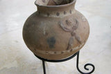 Rare 1980's Vintage Primitive Hand Crafted Vermasse Terracotta Pottery, Vessel from East Timor, Indonesia: Raised Decorative Motifs of man & gecko & natural earthtone Pigments 8" x 9" (28" Diameter) P26