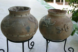 Rare 1980's Vintage Primitive Hand Crafted Vermasse Terracotta Pottery, Vessel from East Timor, Indonesia: Raised Decorative Motifs of man & gecko & natural earthtone Pigments 8" x 9" (28" Diameter) P26