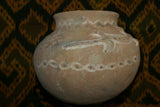 Rare 1980's Vintage Collectible Primitive Hand Crafted Vermasse Terracotta Pottery, Vessel from East Timor Island, Indonesia: 3D Raised Relief Gecko Motifs  & Decorative Geometrics colored with natural earthtone pigments 8.5" x 7" (24" Diameter) P24
