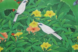 GIGANTIC 38”x 26” ORIGINAL DETAILED COLORFUL  BALINESE PAINTING ON CANVAS BY RENOWN UBUD ARTIST TROPICAL RAINFOREST WITH FOLIAGE STARLINGS BIRD OF PARADISE FLOWERS HIBISCUS FRAMED IN HAND PAINTED CUSTOM FRAME DFBB17 UNIQUE DESIGNER COLLECTOR MASTERPIECE