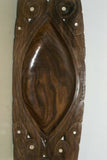 10.5”x 4. 5” UNIQUE STUNNING MUSEUM ROSEWOOD WOODEN BOWL WITH INCISED DELICATELY OPENED BORDERS & ROUND SHAPED MOTHER OF PEARL INLAYS BY RENOWNED TRIBAL SCULPTOR FROM REMOTE TROBRIAND ISLANDS MELANESIA MASSIM SOUTH PACIFIC COLLECTOR DESIGNER ART 2A38