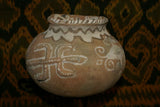 Rare 1980's Vintage Collectible Primitive Hand Crafted Vermasse Terracotta Pottery, Vessel from East Timor Island, Indonesia: 3D Raised Relief Decorative Geometric & Crocodile Motifs colored with natural earthtone Pigments 8" x 6" (22" Diameter) P41