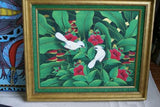 25”x 21” ORIGINAL MASTERPIECE COLORFUL  BALINESE PAINTING ON CANVAS RENOWN UBUD ARTIST RAINFOREST PARADISE WITH FOLIAGE HIBISCUS STARLING BIRDS FRAMED IN SIGNED CUSTOM FRAME HANDPAINTED TO MATCH ARTWORK DFBB1 DECORATOR DESIGNER ART COLLECTOR