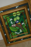 GIGANTIC 44”x 31” ORIGINAL DETAILED COLORFUL BALINESE PAINTING ON CANVAS BY RENOWN UBUD ARTIST RAINFOREST WITH FOLIAGE TROPICAL BIRDS PARROT BIRD OF PARADISE PLANTS HIBISCUS FRAMED IN HAND PAINTED CUSTOM FRAME DFBB9 DESIGNER ARTWORK MASTERPIECE WALL ART