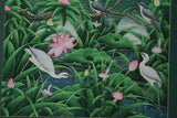 GIGANTIC 31”x 25” ORIGINAL DETAILED COLORFUL  BALINESE PAINTING ON CANVAS SIGNED BY RENOWN UBUD ARTIST RAINFOREST PARADISE WITH FOLIAGE POND LOTUS FLOWERS IBIS EGRET BIRDS FRAMED IN SIGNED CUSTOM FRAME HAND PAINTED TO MATCH  ARTWORK DFBB37 DESIGNER ART