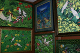 GIGANTIC 38”x 26” ORIGINAL DETAILED COLORFUL  BALINESE PAINTING ON CANVAS BY RENOWN UBUD ARTIST TROPICAL RAINFOREST WITH FOLIAGE STARLINGS BIRD OF PARADISE FLOWERS HIBISCUS FRAMED IN HAND PAINTED CUSTOM FRAME DFBB17 UNIQUE DESIGNER COLLECTOR MASTERPIECE