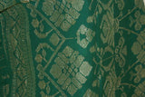 Old Brocade Damask Songket Sarong Emerald Green Embroidery with Metallic Gold Threads and Lotus Motifs 63" x 40" (SG39) belonging to Balinese Nobility royalty Hand woven with Handspun Silk in a beautiful pattern from Klugkung Bali