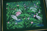 GIGANTIC 31”x 25” ORIGINAL DETAILED COLORFUL  BALINESE PAINTING ON CANVAS SIGNED BY RENOWN UBUD ARTIST RAINFOREST PARADISE WITH FOLIAGE POND LOTUS FLOWERS IBIS EGRET BIRDS FRAMED IN SIGNED CUSTOM FRAME HAND PAINTED TO MATCH  ARTWORK DFBB37 DESIGNER ART