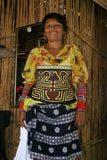 Kuna Indian Folk Art Mola Blouse Panel from San Blas Islands, Panama. Hand stitched Applique Textile: Mirror Image Oil Lamps with Flame Shaped into Birds 16" x 11.75" (79B)