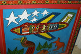 RARE UNIQUE COLORFUL  FOLK ART PAINTING PAPUA NEW GUINEA HUMOROUS ARTIST: TRIBAL WARRIORS TRAVELLING BY AIRPLANE & FRAMED IN SIGNED HAND PAINTED FRAME TO MATCH THE ART DESIGNER COLLECTOR WALL CARTOON  ART  26 1/2” by 23 1/2” HUGE DFP8