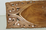 STUNNING 1 OF A KIND HAND CARVED KWILA WOOD MUSEUM MASTERPIECE SAGO PLATTER DISH BOWL WITH MOTHER OF PEARL INSERTS & DELICATE LACY INCISED BORDER BY RENOWNED TRIBAL SCULPTOR TROBRIAND ISLANDS MELANESIA SOUTH PACIFIC OCEANIA 12"X 4.75 X 2”” COLLECTOR 2A7