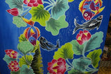 HIGH QUALITY HAND PAINTED FABRIC TEXTILE SARONG, SIGNED BY THE ARTIST. VIBRANT COLORS, DEEP BLUE BACKGROUND & DETAILED MULTICOLOR MOTIFS OF FISH AND LOTUS FLOWERS no 26A, 70” x 48”
