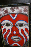 RARE UNIQUE AUTHENTIC COLORFUL FOLK ART PAINTING PANGA TRIBE WARRIOR FROM PAPUA NEW GUINEA ARTIST FRAMED IN SIGNED HAND PAINTED FRAME TO MATCH THE ART WITHIN 33” X 24 ½” DFP4 DESIGNER COLLECTOR WALL ART