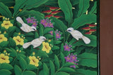 GIGANTIC 31”x 25” ORIGINAL DETAILED COLORFUL  BALINESE PAINTING ON CANVAS BY RENOWN UBUD ARTIST RAINFOREST PARADISE WITH FOLIAGE HIBISCUS FLOWERS STARLING BIRDS FRAMED IN CUSTOM FRAME HAND PAINTED TO MATCH DFBB39 DESIGNER COLLECTOR MASTERPIECE