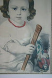 19th century original antique 1857 H.C HAND COLORED Original Authentic Currier & Ives Huge Folio Lithograph 29 1/2" X 24 child with "Grandpapa’s Cane" professionally framed in signed hand painted frame and double matted, one mat is hand painted as well