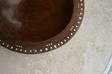 16”x 16”x 4”UNIQUE  STUNNING KWILA WOOD DEEP BOWL WITH INCISED BORDERS AND TEAR SHAPE & ROUND MOTHER OF PEARL INLAYS BY RENOWNED TRIBAL SCULPTOR FROM REMOTE TROBRIAND ISLANDS MELANESIA MASSIM SOUTH PACIFIC COLLECTOR DESIGNER ART 2A64