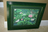 30”x 25” MASTERPIECE DETAILED COLORFUL  BALINESE PAINTING ON CANVAS RENOWN UBUD ARTIST RAINFOREST PARADISE FOLIAGE POND LOTUS EGRET HERON BIRD FRAMED IN SIGNED CUSTOM FRAME HAND PAINTED TO MATCH  ARTWORK DFBB6 DECORATOR DESIGNER ART COLLECTOR HOME DÉCOR