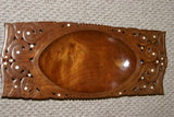 HUGE 21”x 8.5”x 3” STUNNING ROSEWOOD MUSEUM MASTERPIECE SAGO PLATTER DISH BOWL DELICATELY CARVED WITH INCISED LACY BORDERS INLAID WITH MOTHER OF PEARL RENOWNED TRIBAL SCULPTOR REMOTE TROBRIAND ISLANDS MELANESIA MASSIM SOUTH PACIFIC COLLECTOR DESIGNER 2A80