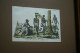 RARE & AUTHENTIC  19C FRAMED ITALIAN ANTIQUE H.C HAND COLORED HISTORICAL  ENGRAVING OF AUSTRALIA ABORIGINES FROM BERNIERI ANTIQUE TRAVEL BOOK MATTED AND CUSTOM FRAMED IN BAMBOO FRAME